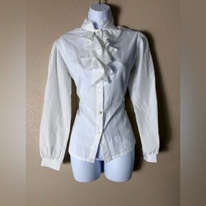 Vintage White Ruffle Front Blouse Size 8 1970s Office Secretary Top medium